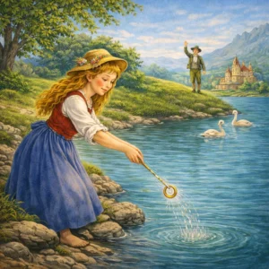 Ein Mädchen im Trachtenkleid wirft ein goldenes Ringelein in einen stillen Fluss, während ein Junge ihr aus der Ferne vom Hügel zuwinkt; im Hintergrund schwimmen Schwäne.