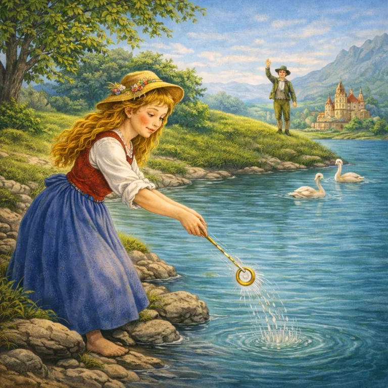 Ein Mädchen im Trachtenkleid wirft ein goldenes Ringelein in einen stillen Fluss, während ein Junge ihr aus der Ferne vom Hügel zuwinkt; im Hintergrund schwimmen Schwäne.