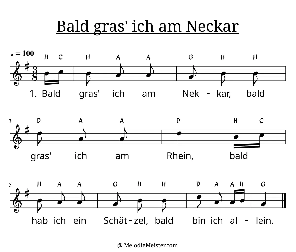 Notenblatt „Bald gras' ich am Neckar“. Einstimmige Melodie im Violinschlüssel, G-Dur, 3/8-Takt, mit der 1. Strophe des Liedtextes.