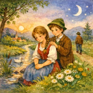Junges Paar sitzt am Bach im Tal bei Sonnenuntergang, umgeben von Blumen, Dorf und Bergen, in ruhiger, melancholischer Stimmung.