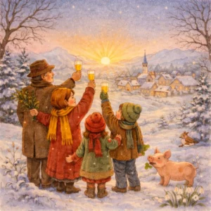 Familie stößt auf einem verschneiten Hügel bei Sonnenaufgang auf das neue Jahr an, mit Dorf und Kirche im Hintergrund.