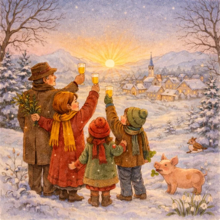 Familie stößt auf einem verschneiten Hügel bei Sonnenaufgang auf das neue Jahr an, mit Dorf und Kirche im Hintergrund.
