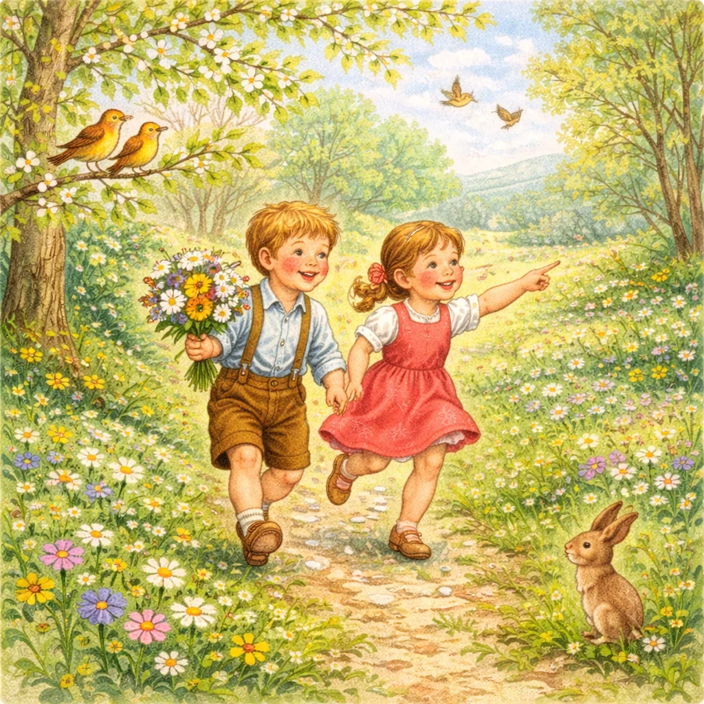 Kinder rennen fröhlich über eine blühende Frühlingswiese, ein Mädchen hält einen bunten Blumenstrauß hoch, im Hintergrund fliegt ein Vogel aus dem Wald.