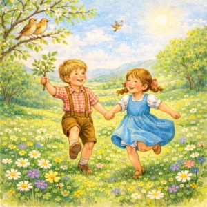 Kinder tanzen im Kreis auf einer blühenden Wiese, ein Junge hält einen grünen Maienzweig, Frühlingsbäume und Blumen ringsum.