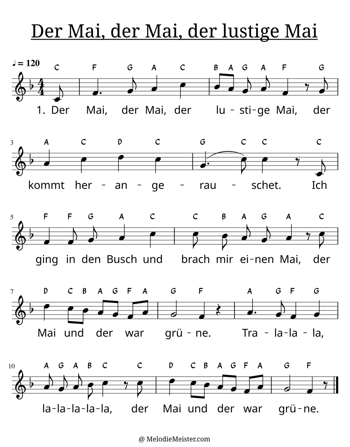 Notenblatt „Der Mai, der Mai, der lustige Mai“. Einstimmige Melodie im Violinschlüssel, F-Dur, 4/4-Takt, mit der 1. Strophe des Liedtextes.