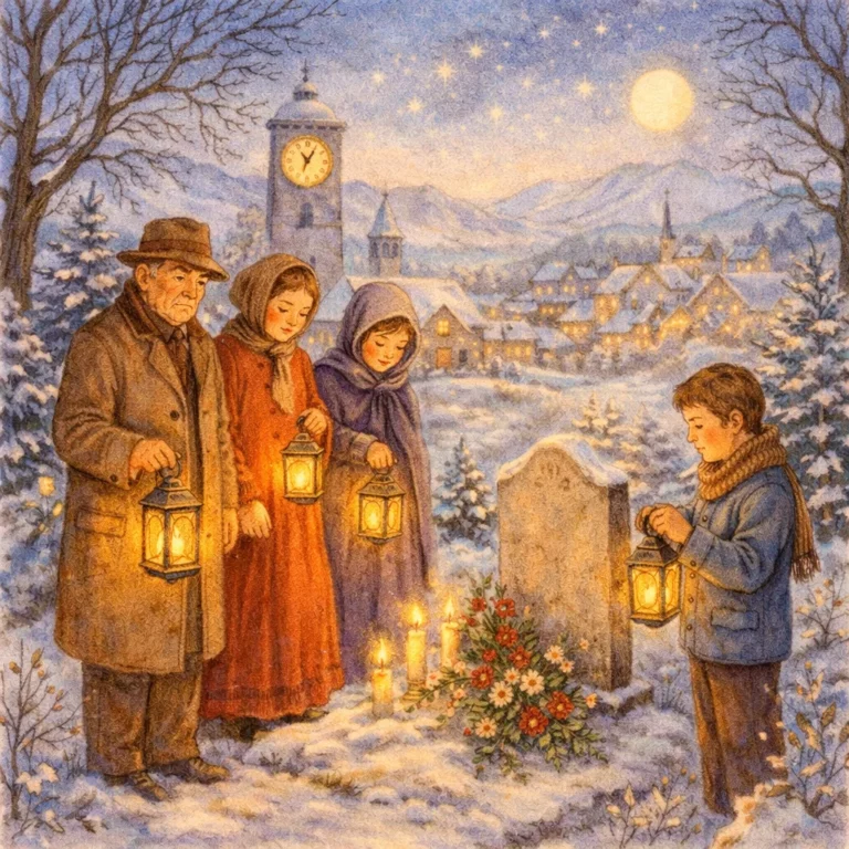 Menschen stehen in einer verschneiten Winternacht mit Laternen an einem Grab, während Uhrturm und Mond das Jahresende erhellen.