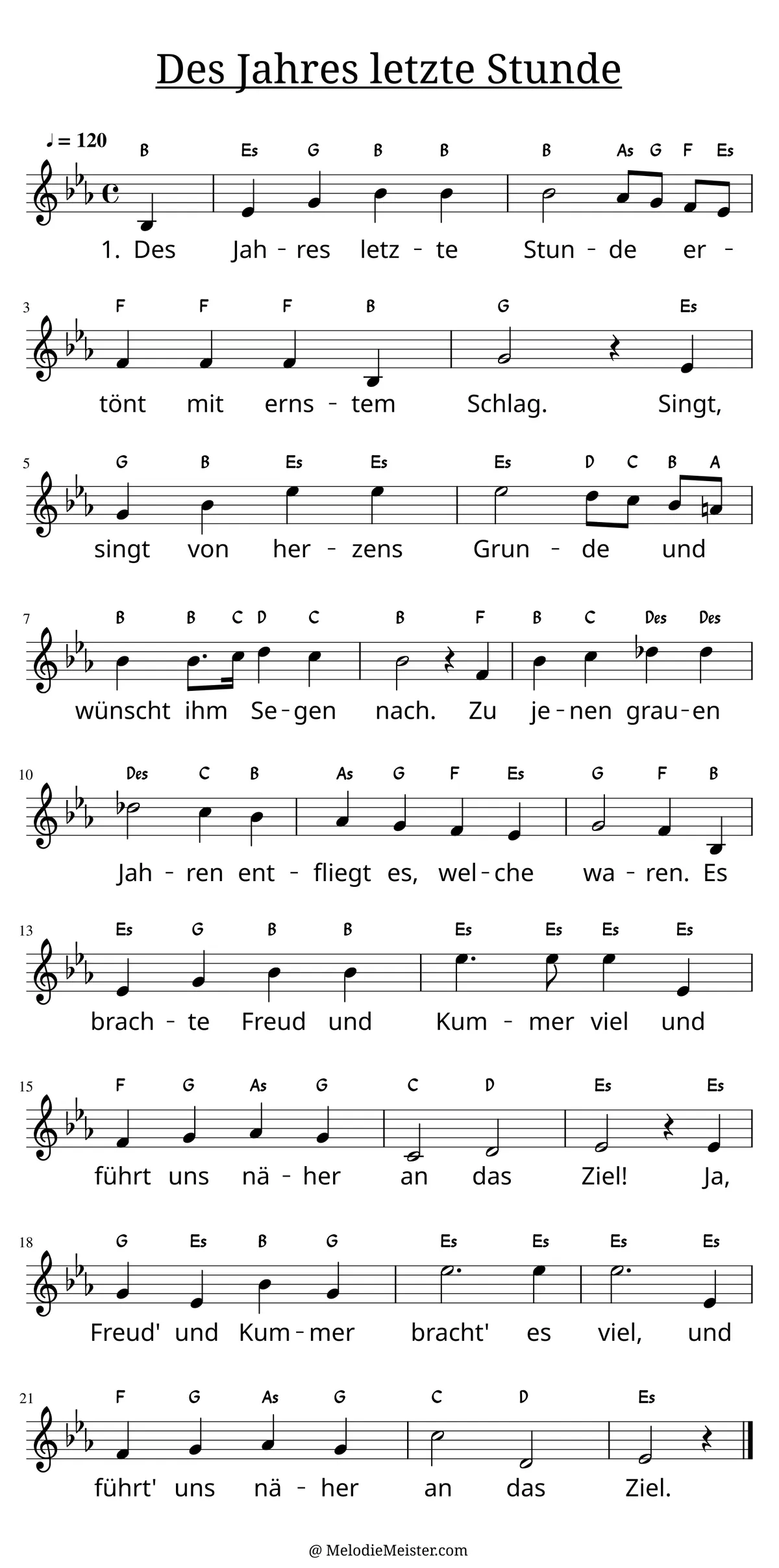 Notenblatt „Des Jahres letzte Stunde“. Einstimmige Melodie im Violinschlüssel, Es-Dur, 4/4-Takt, mit der 1. Strophe des Liedtextes.