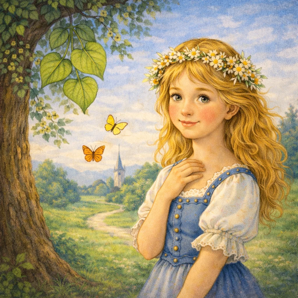Ein blondes Mädchen mit Blumenkranz steht lächelnd unter einer blühenden Linde, umgeben von Wiese, Schmetterlingen und Sommerlicht.