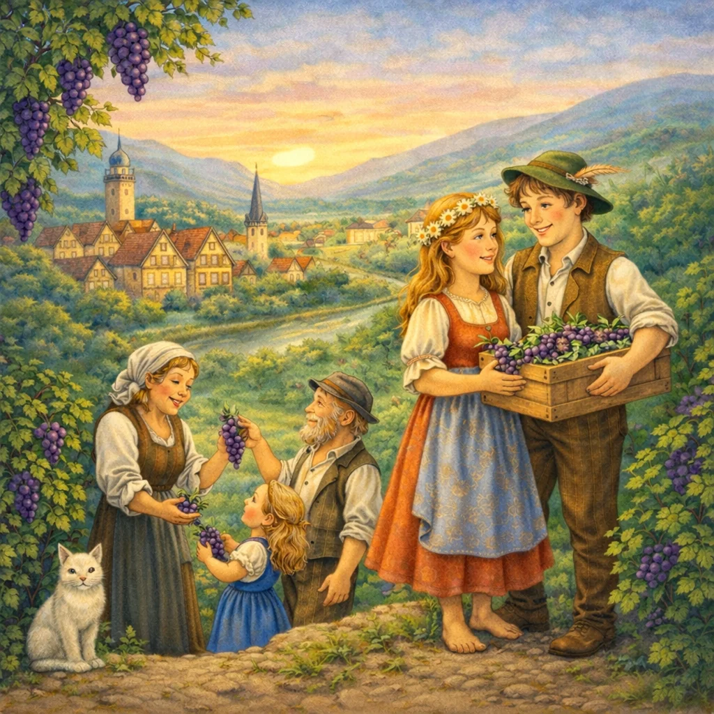 Eine fröhliche Familie im Trachtenkleid steht inmitten blühender Weinreben und reicht einander Trauben; im Hintergrund liegt ein Dorf im Neckartal bei Sonnenuntergang.