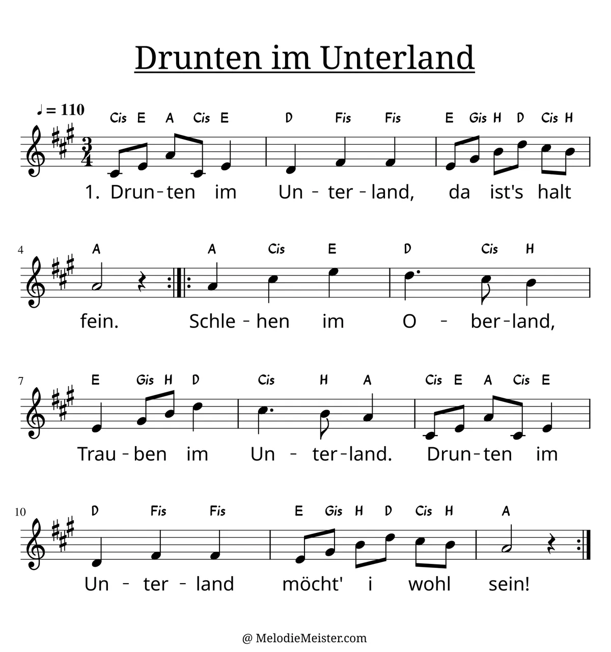 Notenblatt „Drunten im Unterland“. Einstimmige Melodie im Violinschlüssel, A-Dur, 3/4-Takt, mit der 1. Strophe des Liedtextes.