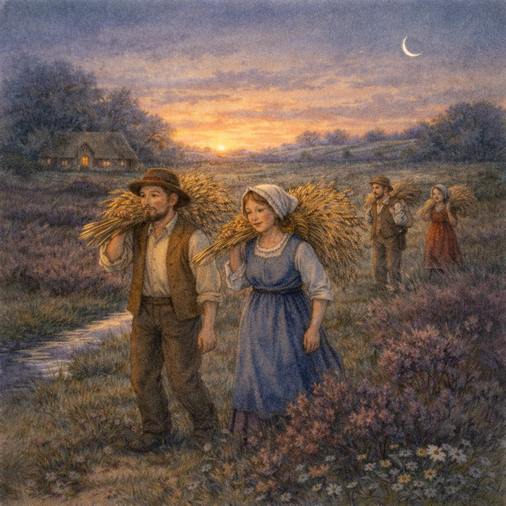 Junge Frauen und Männer gehen bei Abenddämmerung durch eine blühende Heide nach Hause, tragen Sicheln und Blumen, im Hintergrund leuchtet ein Fachwerkhaus.