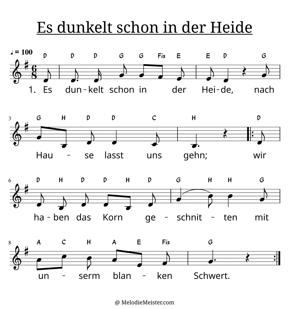Notenblatt „Es dunkelt schon in der Heide“. Einstimmige Melodie im Violinschlüssel, G-Dur, 6/8-Takt, mit der 1. Strophe des Liedtextes.