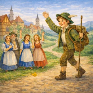 Ein junger Handwerksbursche winkt zum Abschied einer kleinen Gruppe von Dorfbewohnern, während er mit Wanderstab den Weg aus dem Ort nimmt.