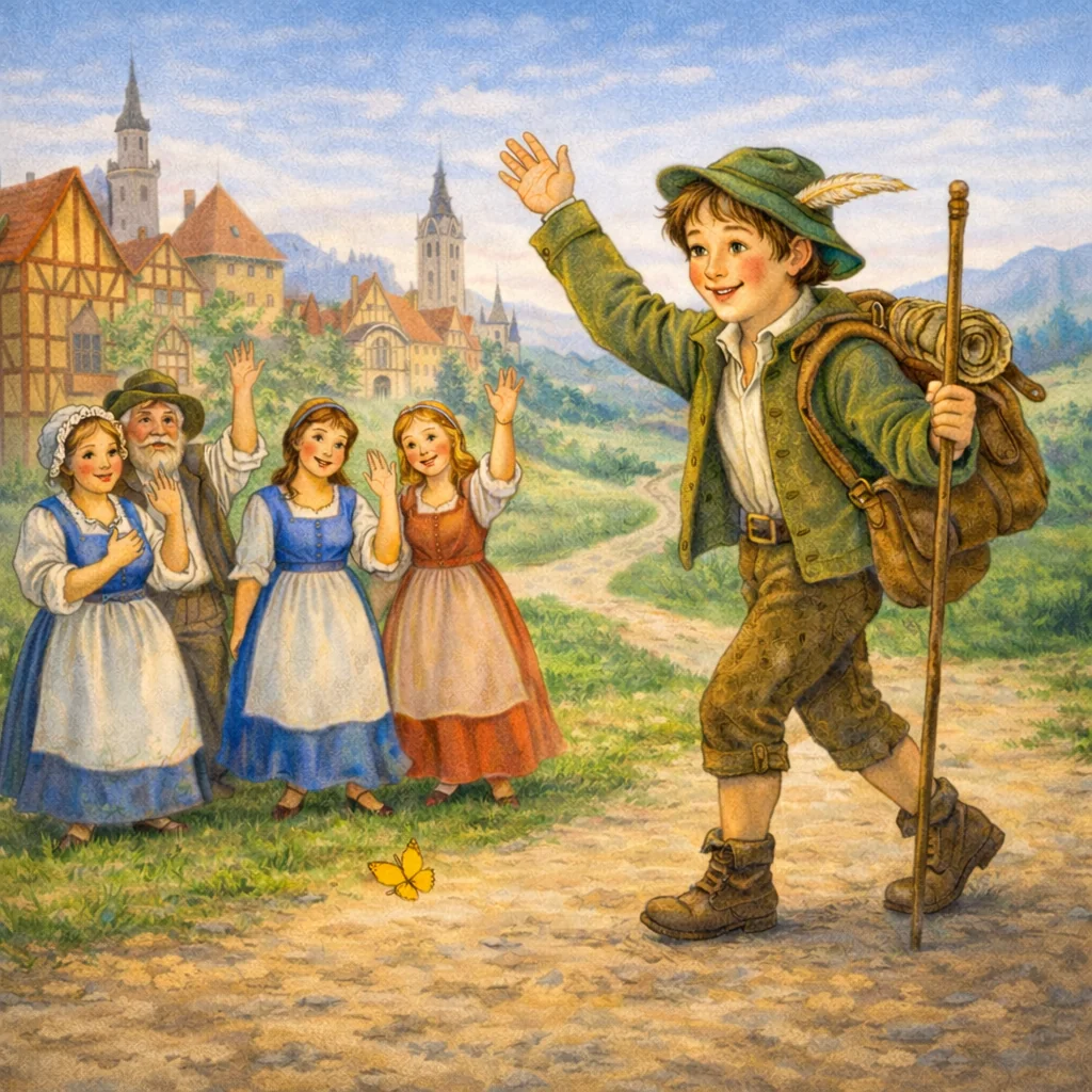 Ein junger Handwerksbursche winkt zum Abschied einer kleinen Gruppe von Dorfbewohnern, während er mit Wanderstab den Weg aus dem Ort nimmt.