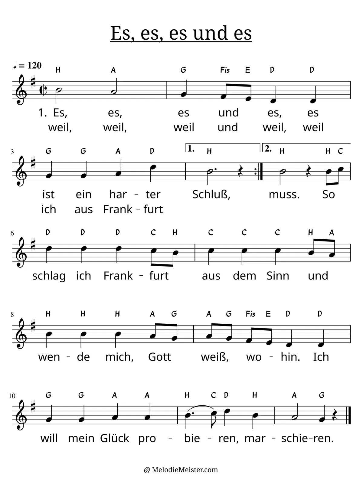 Notenblatt „Es, es, es und es“. Einstimmige Melodie im Violinschlüssel, G-Dur, 2/2-Takt, mit der 1. Strophe des Liedtextes.