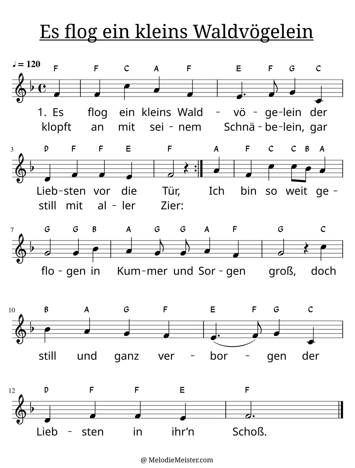 Notenblatt „Es flog ein kleins Waldvögelein“. Einstimmige Melodie im Violinschlüssel, F-Dur, 4/4-Takt, mit der 1. Strophe des Liedtextes.