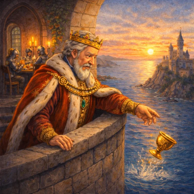 Ein König in rotem Mantel wirft einen goldenen Becher von einer Schlossterrasse ins Meer, im Hintergrund sitzen Ritter am festlichen Tisch, Sonnenuntergang über dem Wasser.