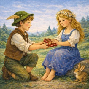 Ein junger Mann kniet auf einer Blumenwiese und überreicht einem barfüßigen Mädchen mit Blumenkranz ein Paar rote Schuhe.