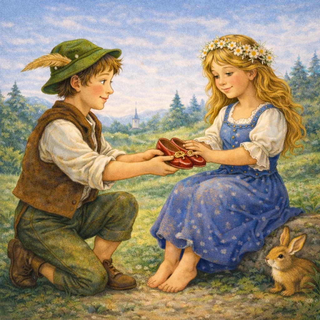 Ein junger Mann kniet auf einer Blumenwiese und überreicht einem barfüßigen Mädchen mit Blumenkranz ein Paar rote Schuhe.