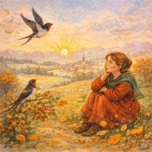 Junge Frau sitzt in einer herbstlichen Landschaft und blickt einer Schwalbe nach, die im warmen Abendlicht davonfliegt.