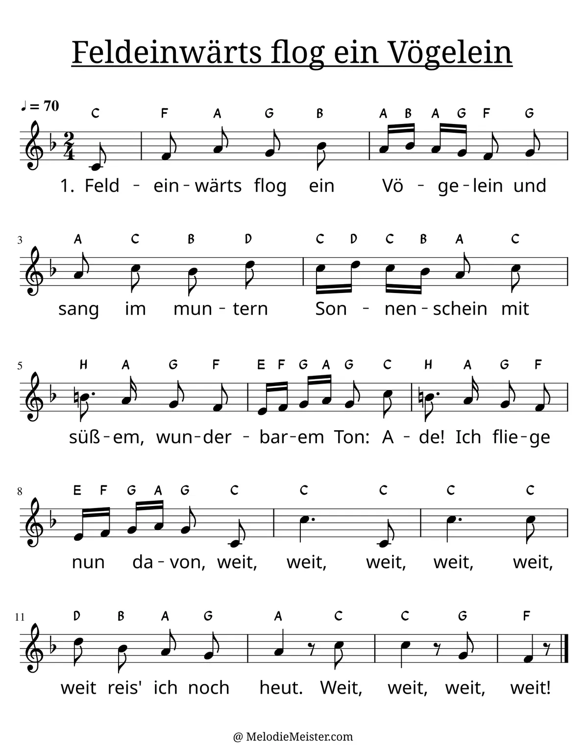 Notenblatt „Feldeinwärts flog ein Vögelein“. Einstimmige Melodie im Violinschlüssel, F-Dur, 2/4-Takt, mit der 1. Strophe des Liedtextes.