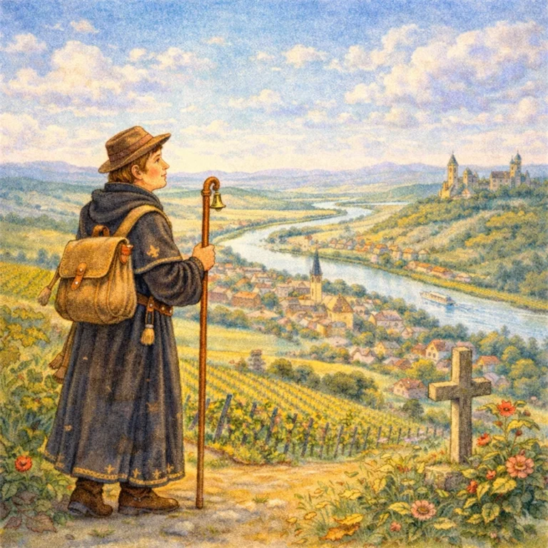 Wandernder Scholaren zieht über einen Hügel und blickt auf das fränkische Land mit Weinbergen, Fluss und Dorf.