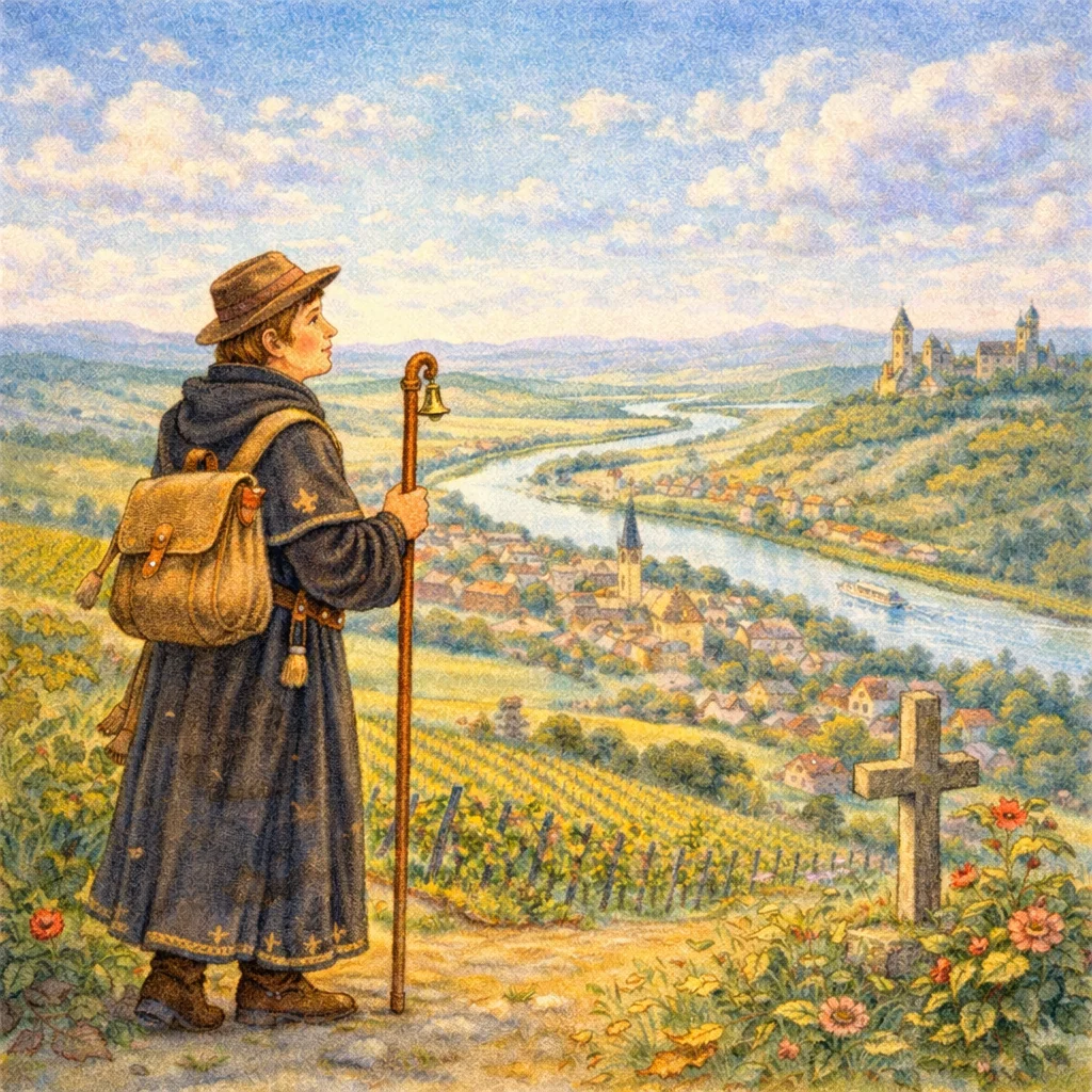 Wandernder Scholaren zieht über einen Hügel und blickt auf das fränkische Land mit Weinbergen, Fluss und Dorf.