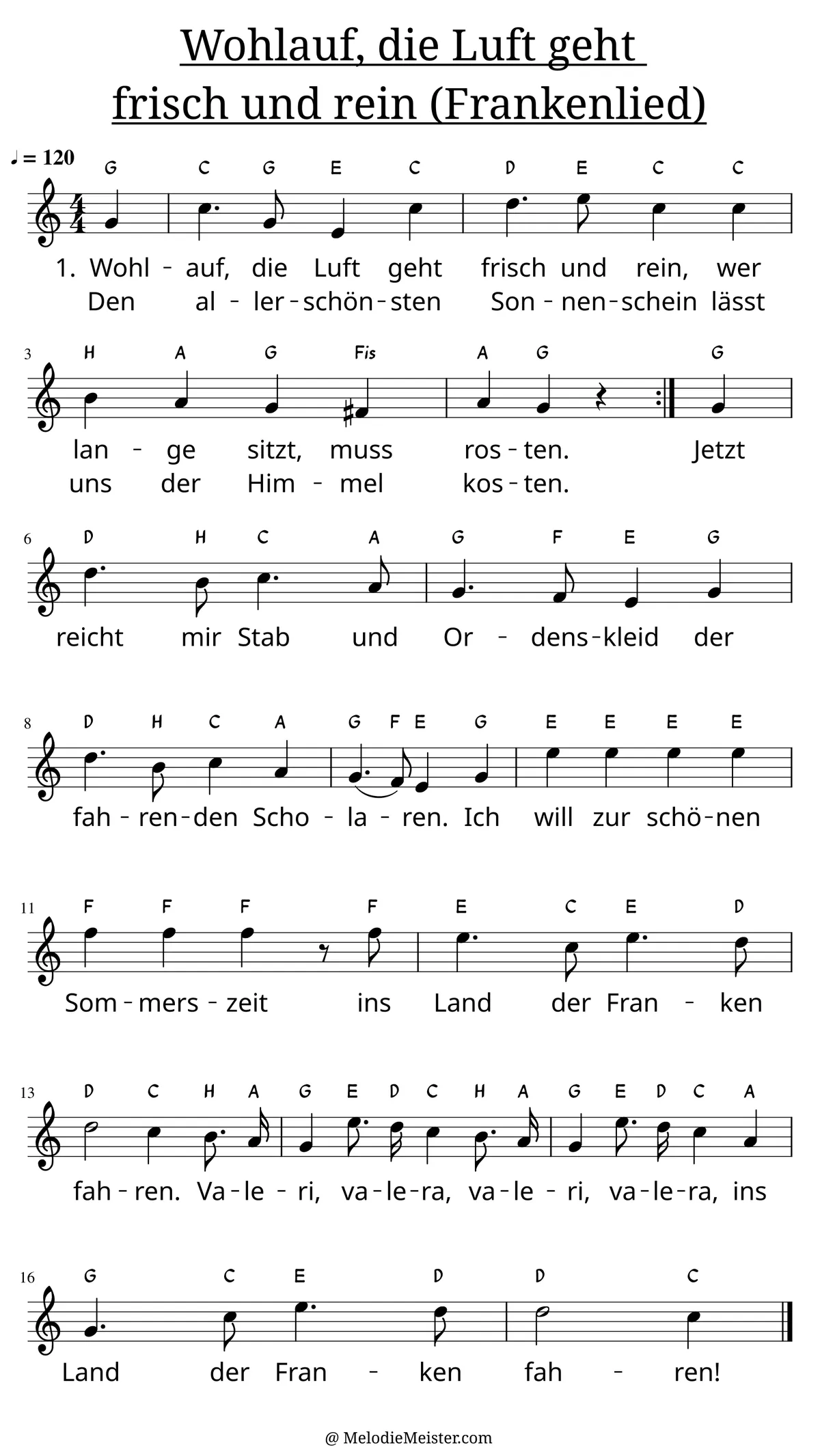 Notenblatt „Frankenlied - Wohlauf, die Luft geht frisch und rein“. Einstimmige Melodie im Violinschlüssel, C-Dur, 4/4-Takt, mit der 1. Strophe des Liedtextes.