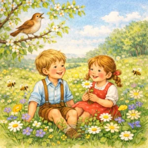 Zwei Kinder begrüßen den Frühling auf einer blühenden Wiese, Bienen summen, eine Nachtigall singt im Baum.