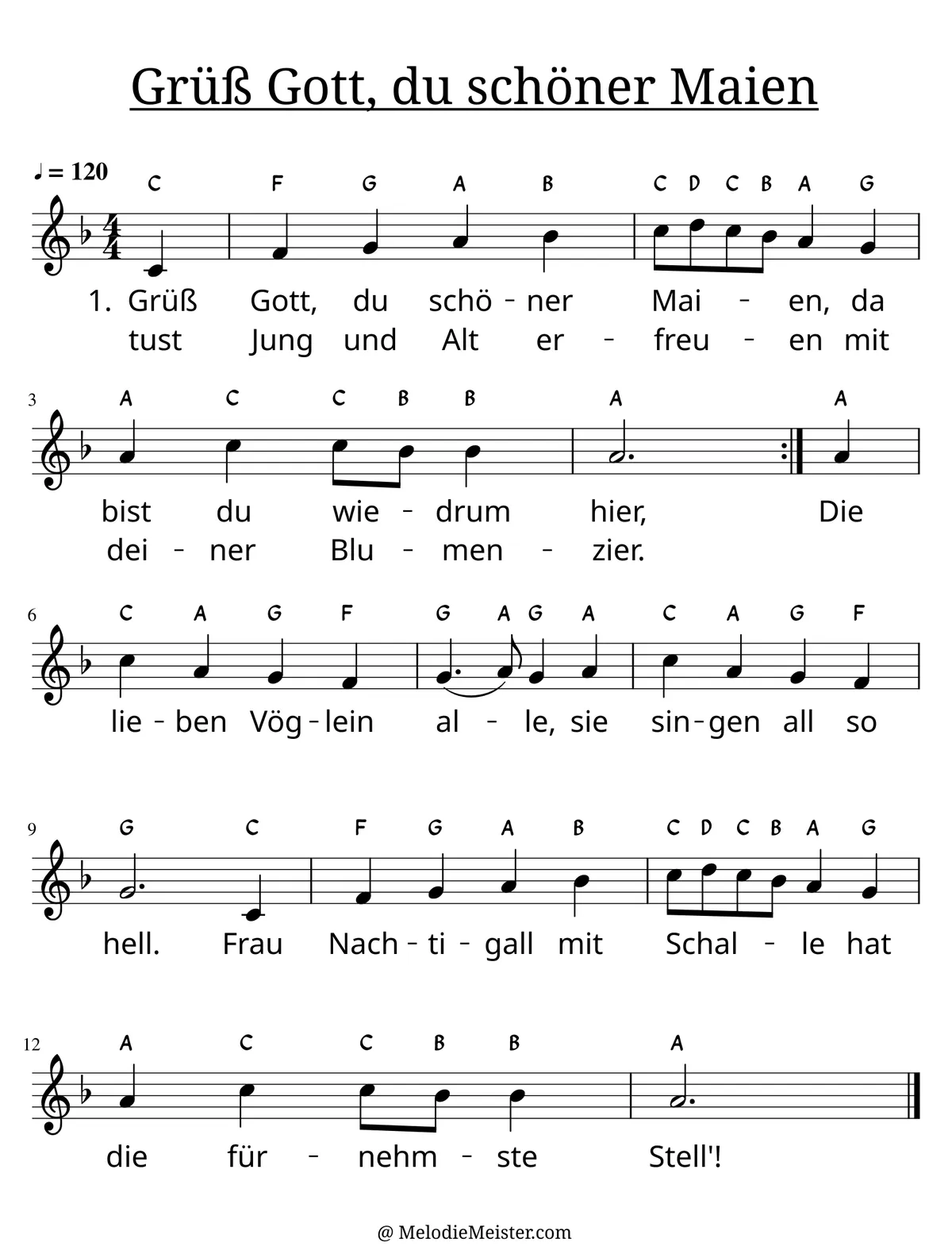 Notenblatt „Grüß Gott, du schöner Maien“. Einstimmige Melodie im Violinschlüssel, F-Dur, 4/4-Takt, mit der 1. Strophe des Liedtextes.