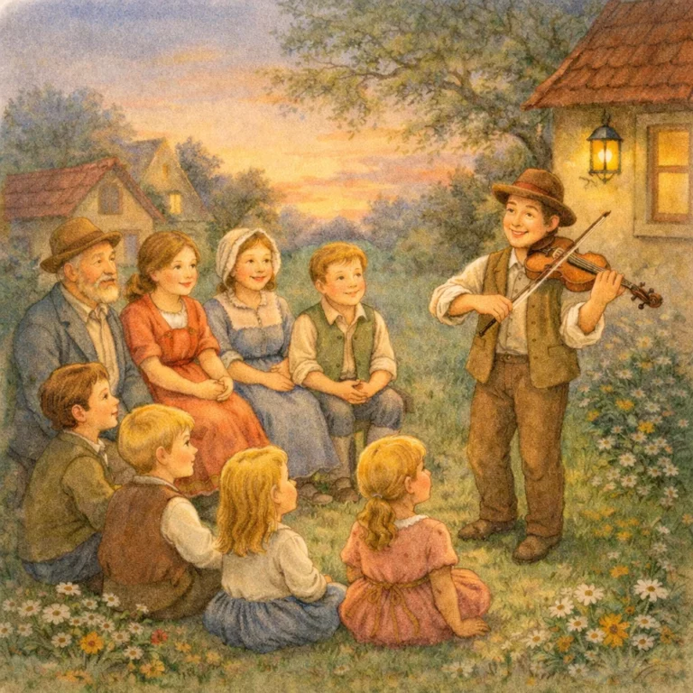 Fröhliche Runde aus Erwachsenen und Kindern in gemütlicher Stube; ein Geiger spielt Walzer, alle lauschen und lachen bei warmem Abendlicht.