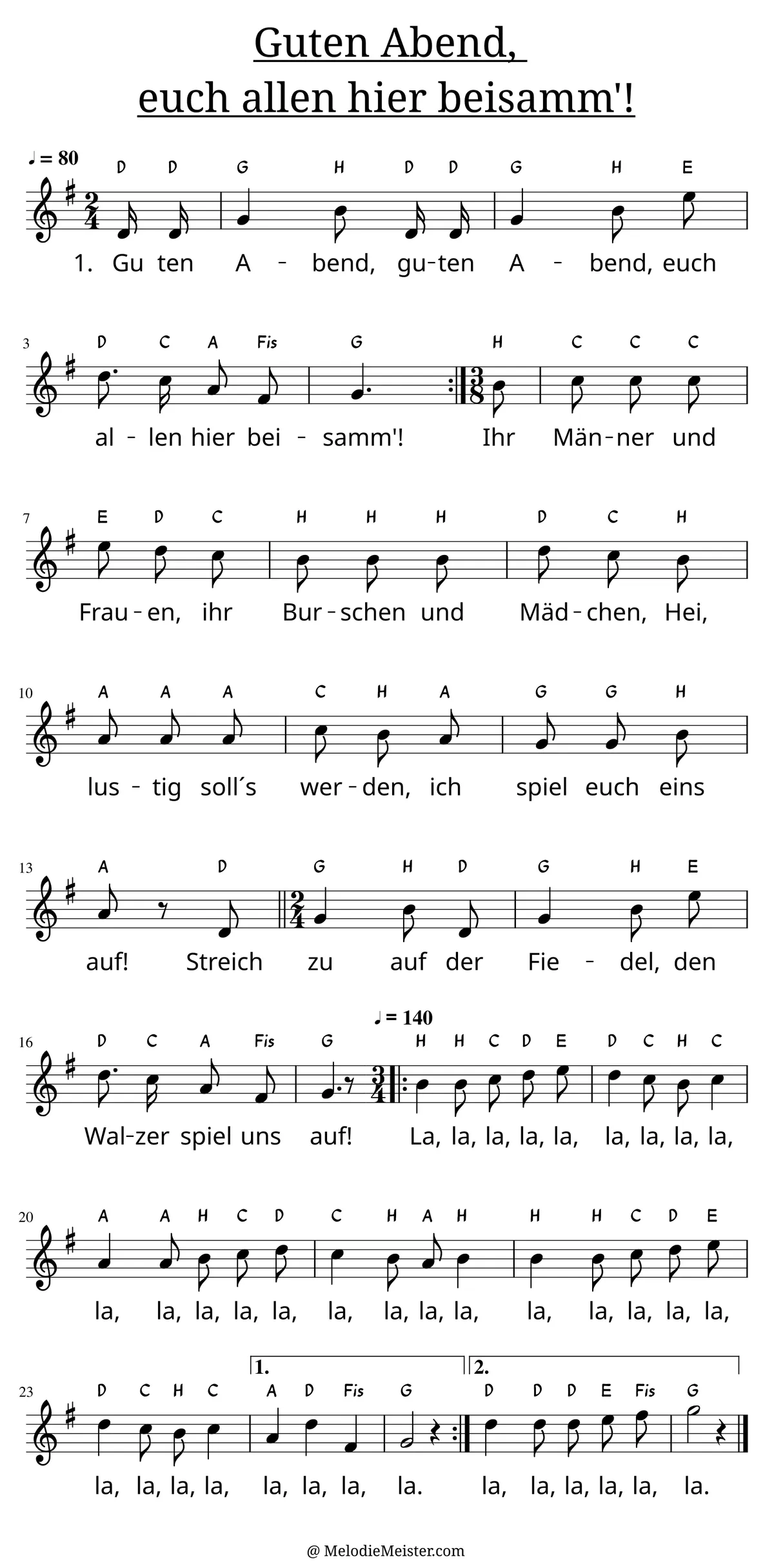 Notenblatt „Guten Abend euch allen hier beisamm'!“. Einstimmige Melodie im Violinschlüssel, G-Dur, 2/4-Takt, mit der 1. Strophe des Liedtextes.
