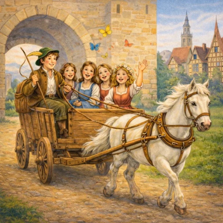 Ein junger Fuhrmann fährt mit einem weißen Pferd und einem Wagen voller fröhlich singender Mädchen durch ein Stadttor in eine blühende Altstadt.