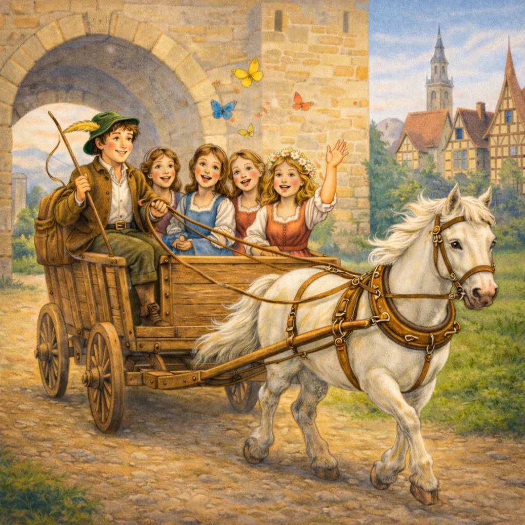 Ein junger Fuhrmann fährt mit einem weißen Pferd und einem Wagen voller fröhlich singender Mädchen durch ein Stadttor in eine blühende Altstadt.