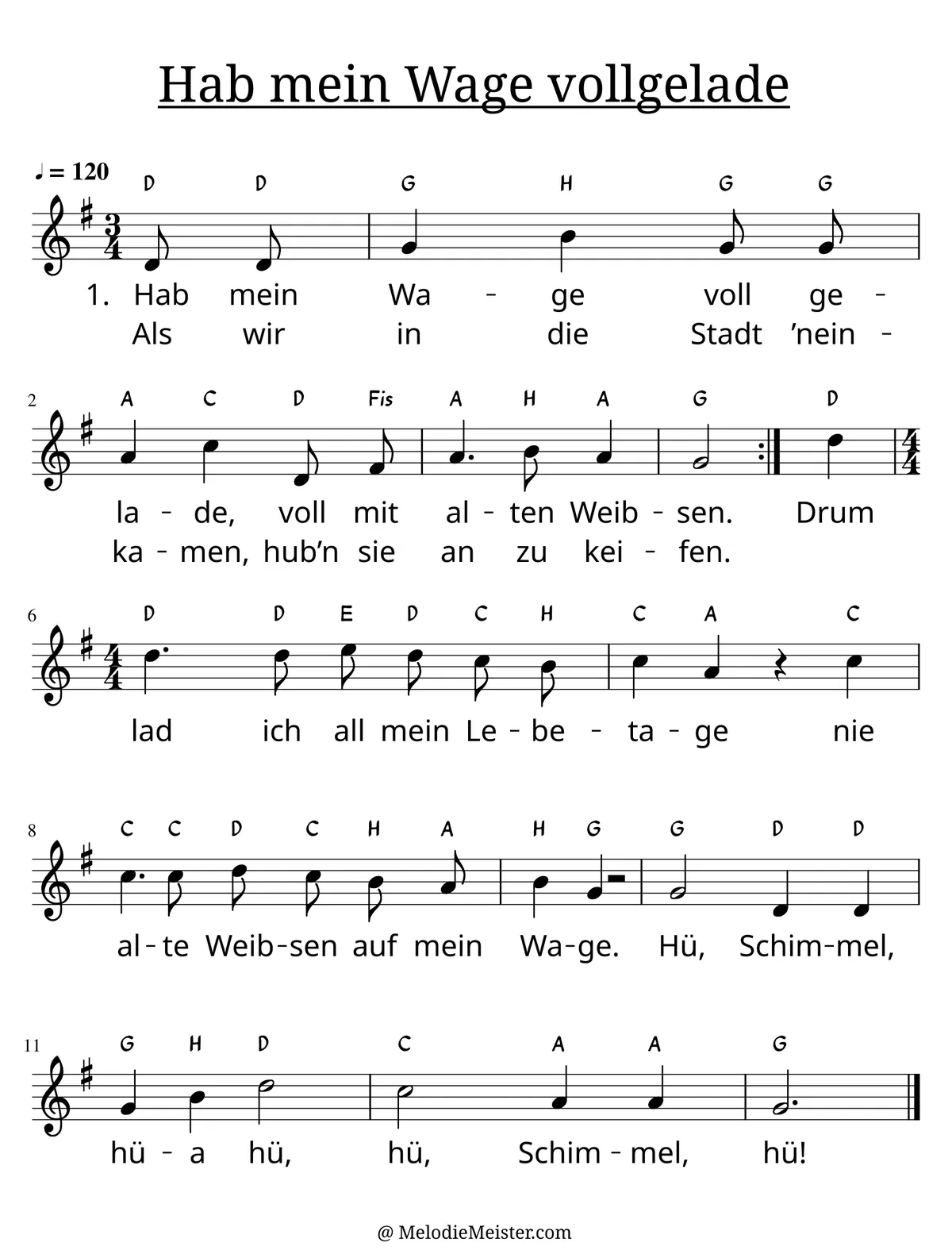 Notenblatt „Hab mein Wage voll gelade“. Einstimmige Melodie im Violinschlüssel, G-Dur, 3/4-Takt, mit der 1. Strophe des Liedtextes.