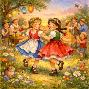 Zwei fröhliche Mädchen tanzen lachend im Kreis auf einer blühenden Sommerwiese, umgeben von weiteren Kindern und Erwachsenen, in sanftem, warmem Licht.