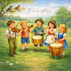 Fünf Kinder spielen lachend auf einer blühenden Wiese Geige, Trompete, Flöte, große Trommel und Pauke, umgeben von Blumen und zwitschernden Vögeln.