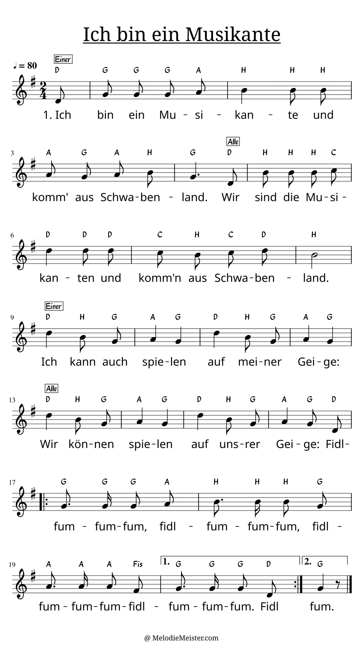 Notenblatt „Ich bin ein Musikante“. Einstimmige Melodie im Violinschlüssel, G-Dur, 2/4-Takt, mit der 1. Strophe des Liedtextes.