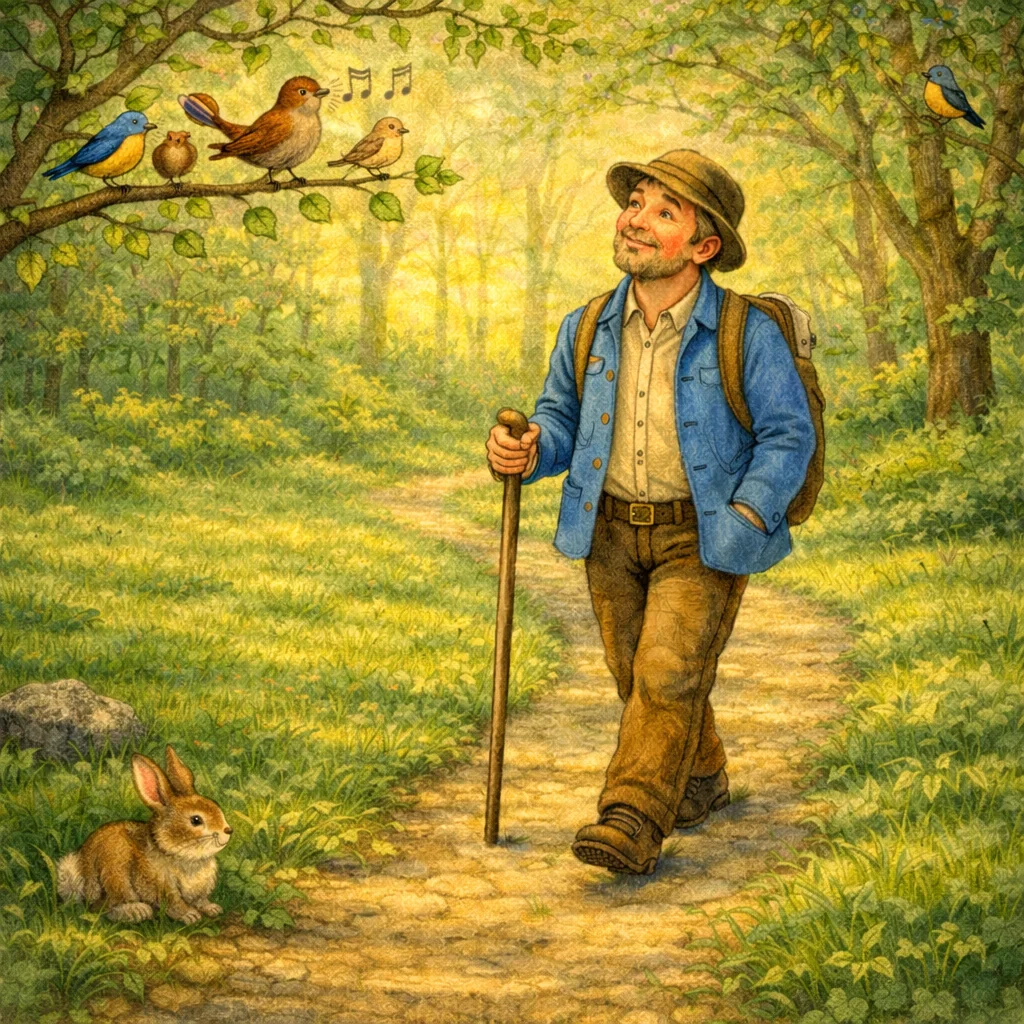 Ein Wanderer mit Rucksack und Wanderstock geht lächelnd einen blühenden Waldweg entlang, umgeben von Vögeln, Blumen und sanftem Sonnenlicht.