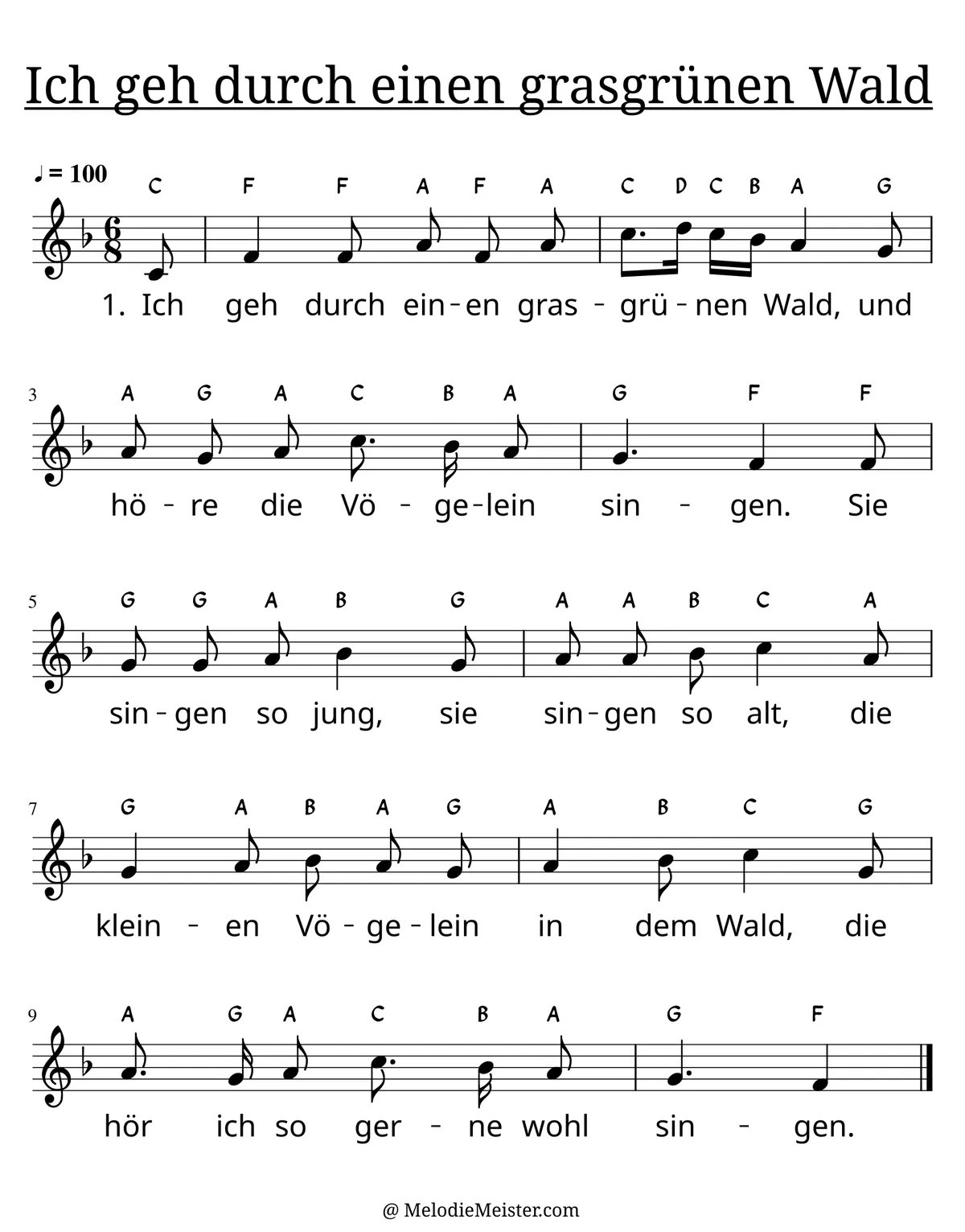 Notenblatt „Ich geh durch einen grasgrünen Wald“. Einstimmige Melodie im Violinschlüssel, F-Dur, 6/8-Takt, mit der 1. Strophe des Liedtextes.