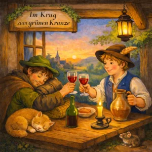 Zwei freundliche Wanderer sitzen bei Kerzenschein am Holztisch in einem gemütlichen Wirtshaus und stoßen mit Weinbechern an.