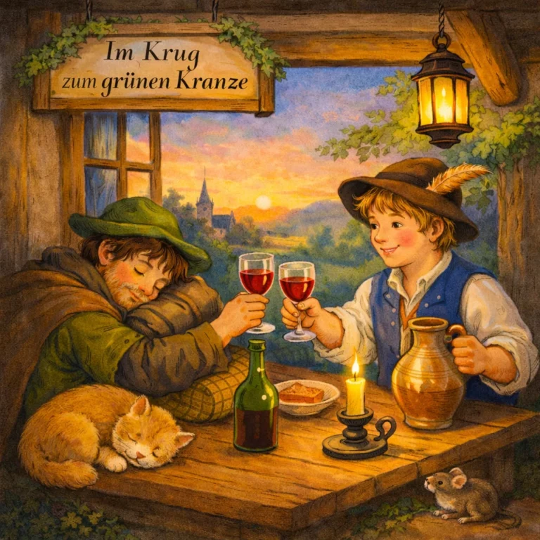 Zwei freundliche Wanderer sitzen bei Kerzenschein am Holztisch in einem gemütlichen Wirtshaus und stoßen mit Weinbechern an.