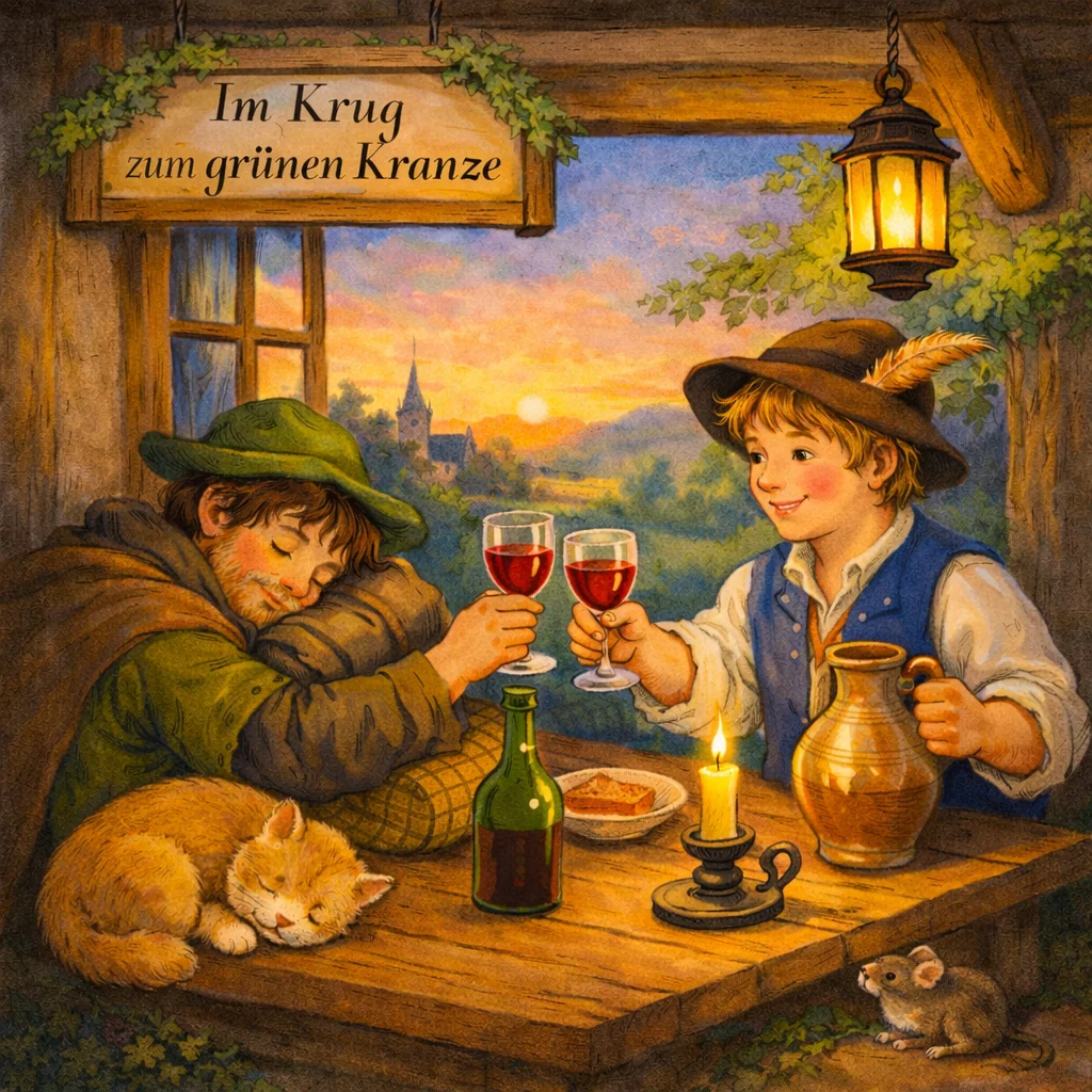 Zwei freundliche Wanderer sitzen bei Kerzenschein am Holztisch in einem gemütlichen Wirtshaus und stoßen mit Weinbechern an.