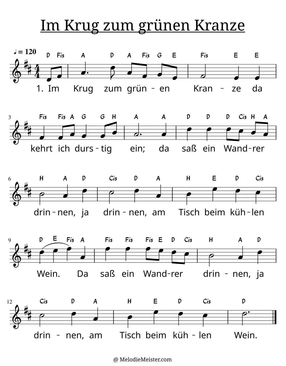 Notenblatt „Im Krug zum grünen Kranze“. Einstimmige Melodie im Violinschlüssel, D-Dur, 4/4-Takt, mit der 1. Strophe des Liedtextes.