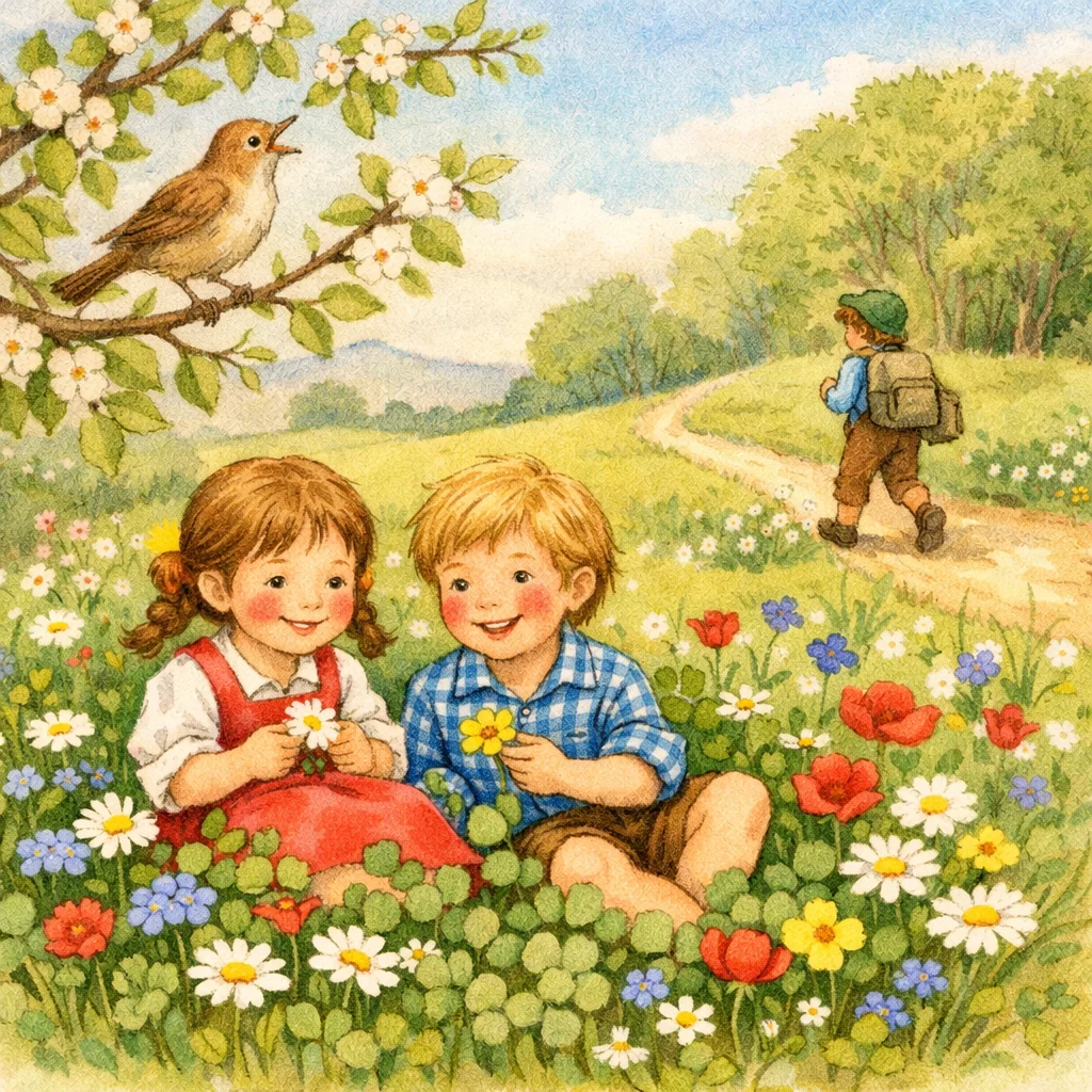 Zwei Kinder sitzen lachend im blühenden Frühlingsklee, umgeben von bunten Blumen, mit singendem Vogel im Baum.