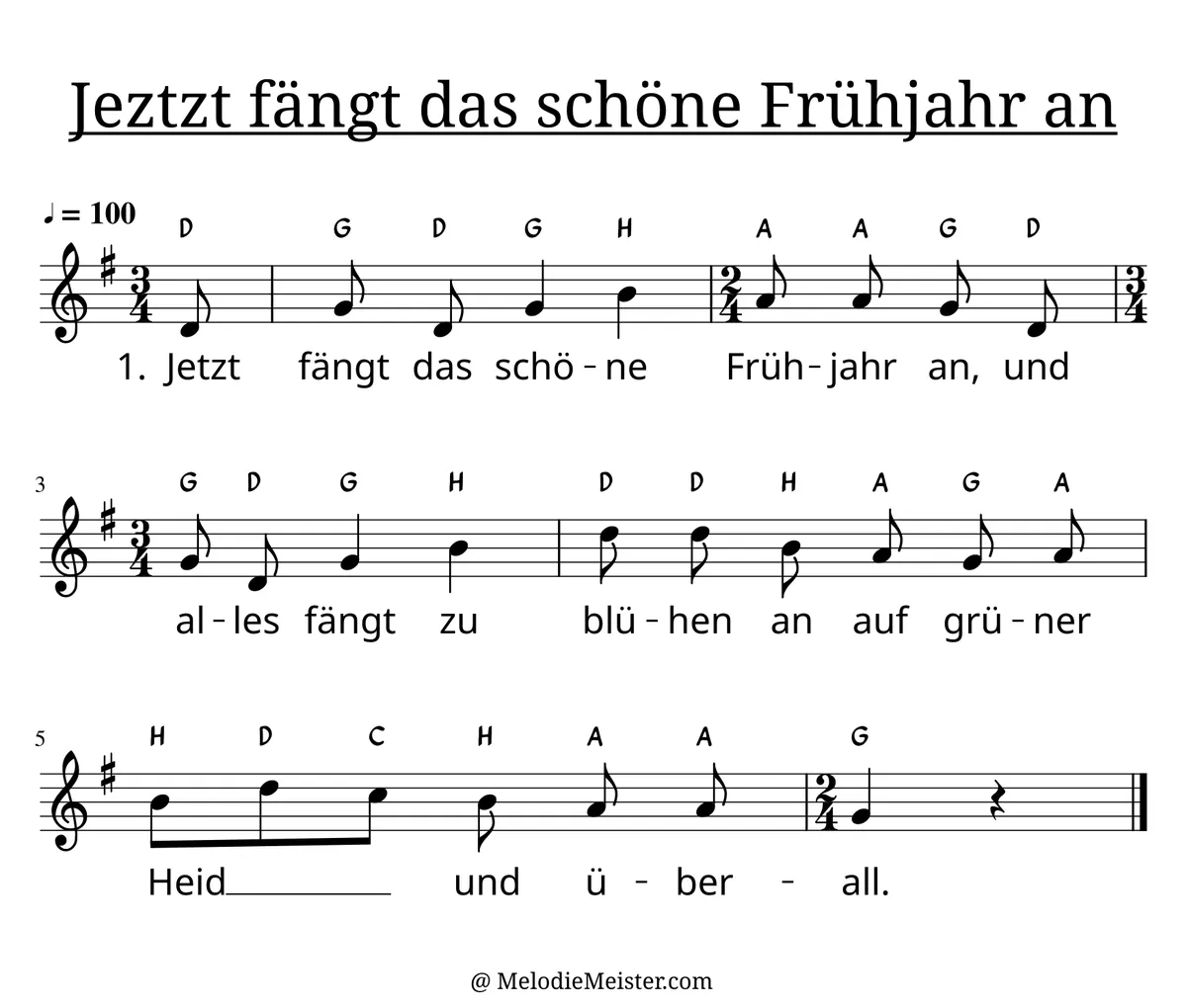 Notenblatt „Jetzt fängt das schöne Frühjahr an“. Einstimmige Melodie im Violinschlüssel, G-Dur, 3/4-Takt, mit der 1. Strophe des Liedtextes.