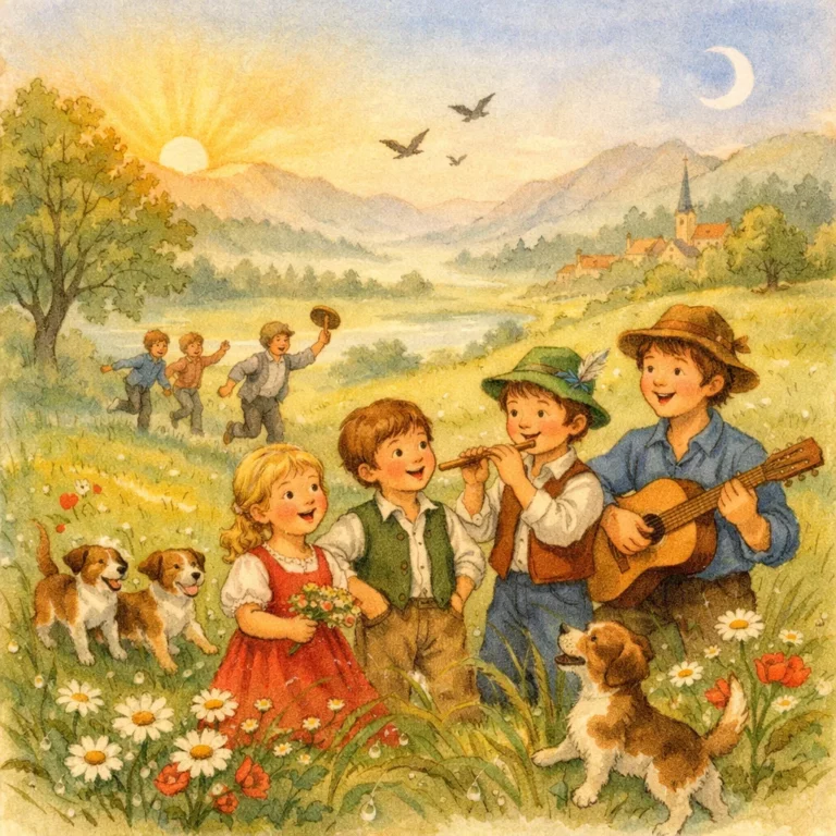 Fröhliche Kinder singen und musizieren an einem sommerlichen Morgen auf einer blühenden Wiese, begleitet von Hunden und warmem Sonnenlicht.