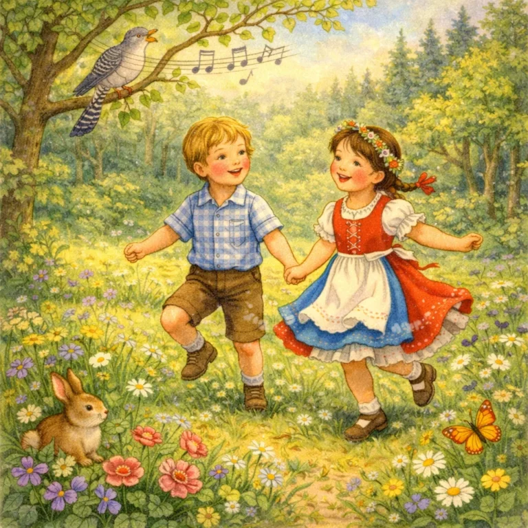 Zwei Kinder tanzen lachend auf einer blühenden Frühlingswiese, während ein Kuckuck auf einem Ast sitzt und singt.