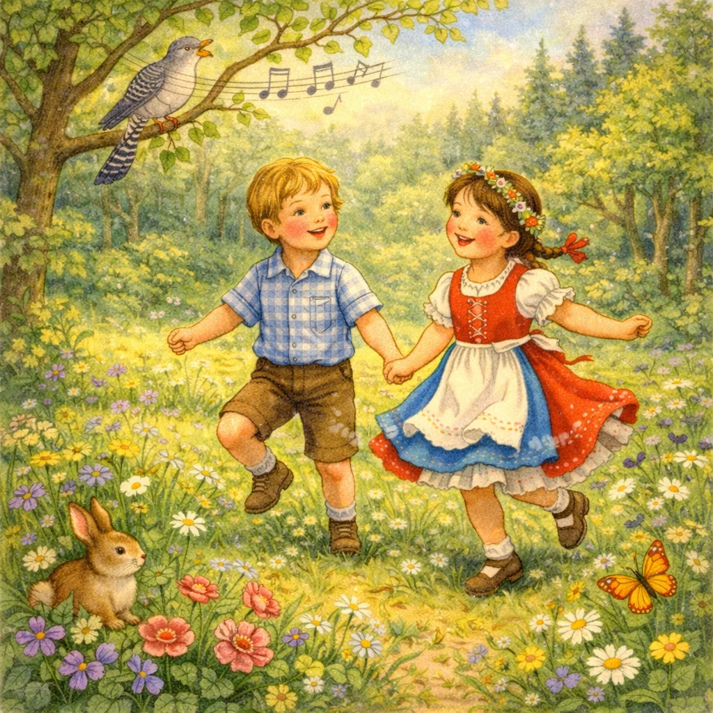 Zwei Kinder tanzen lachend auf einer blühenden Frühlingswiese, während ein Kuckuck auf einem Ast sitzt und singt.