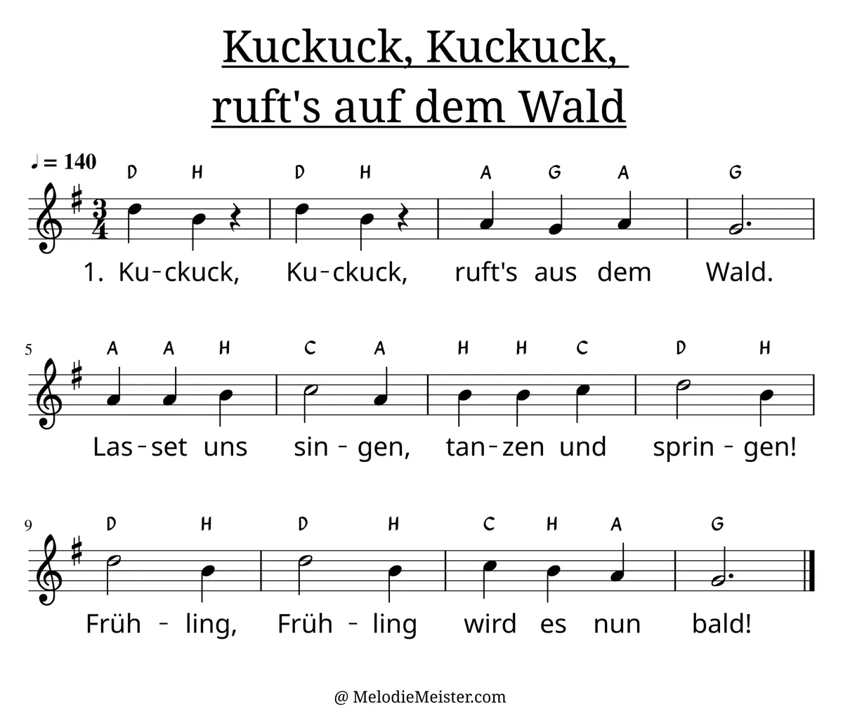 Notenblatt „Kuckuck, Kuckuck, ruft's aus dem Wald“. Einstimmige Melodie im Violinschlüssel, G-Dur, 3/4-Takt, mit der 1. Strophe des Liedtextes.